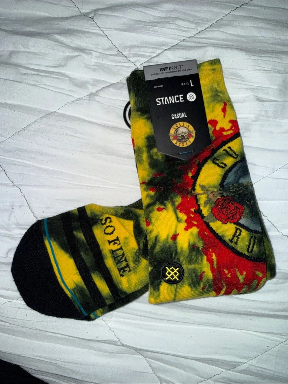Stance Tie-Dye Crew Socks in Yellow, Black & Red with Guns & Roses Graphic